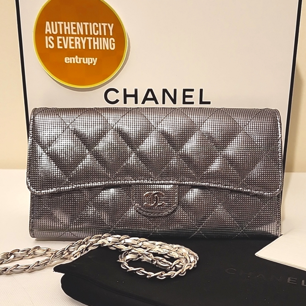 Chanel Matelasse Quilted CC Silver T Flap Wallet Leather Mesh + Entrupy COA